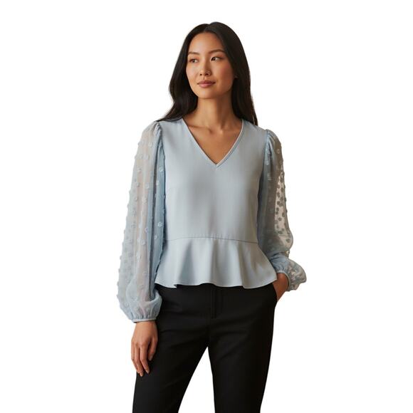 Peach Love California Light Blue Peplum Top M V‑Neck Swiss Dot Sleeve EUC - Picture 9 of 9